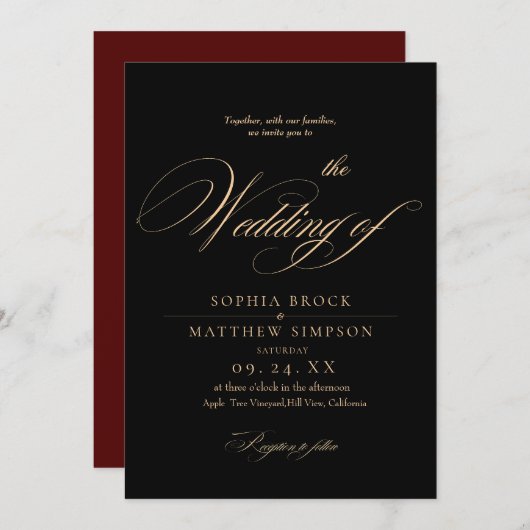 Classic Black and Burgundy Script Wedding Kaart (Voorkant / Achterkant)