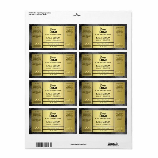 Classic Black and Gold Effect Oil Serum Label (Full Sheet)