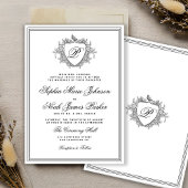 Classic black and white crest monogram wedding  kaart