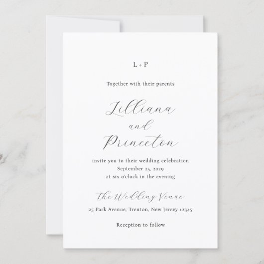 Classic Black and White Monogram Elegant Wedding Kaart (Voorkant)