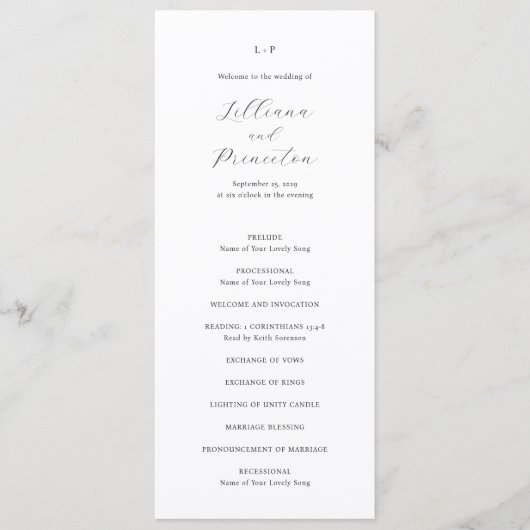 Classic Black and White Monogram Elegant Wedding Programmakaart (Voorkant)