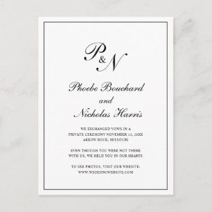 Classic Black and White Monogram Weddenschap Elope Aankondigingskaart
