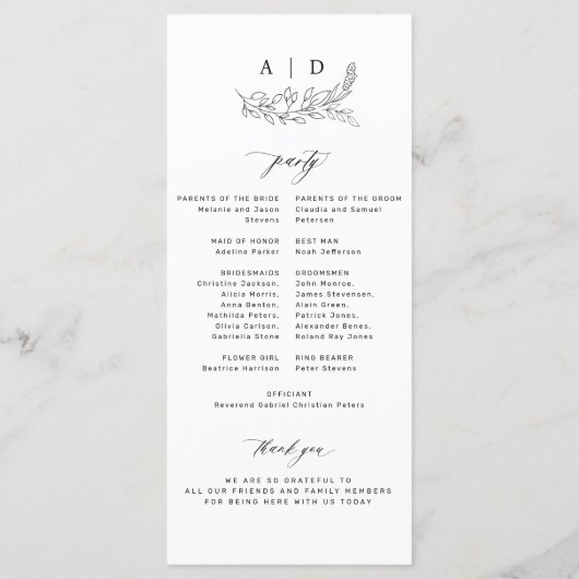 Classic black and white monogram wedding program programmakaart (Achterkant)