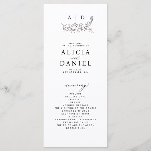 Classic black and white monogram wedding program programmakaart (Voorkant)