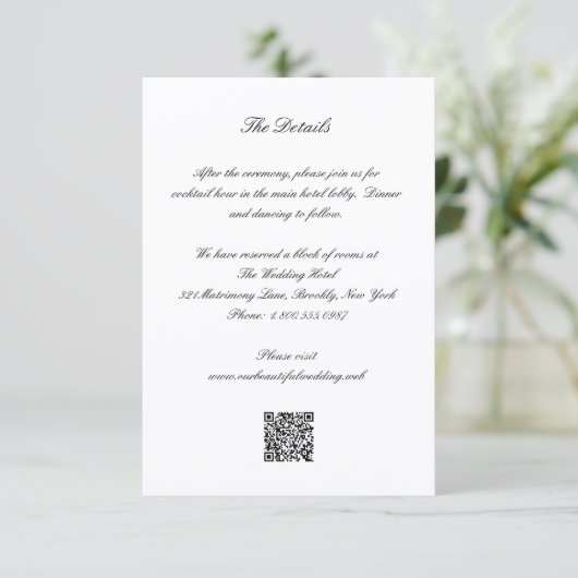 Classic Black and White QR Code Timeless Wedding Informatiekaartje (Staand voorkant)