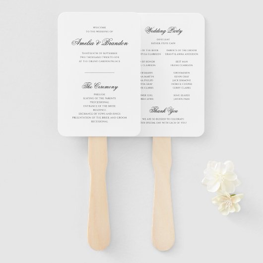 Classic Black and White Script Wedding Program Handwaaier (Voorkant en achterkant)