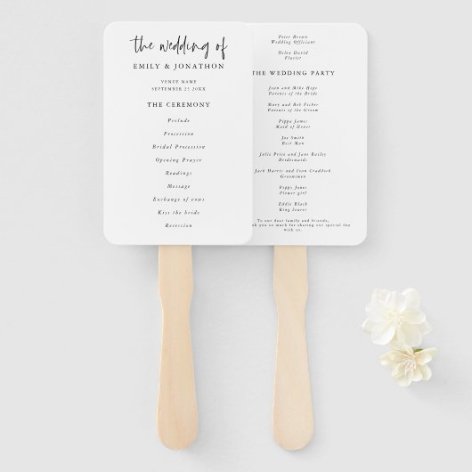 Classic Black and White Script Wedding Program Handwaaier (Voorkant en achterkant)