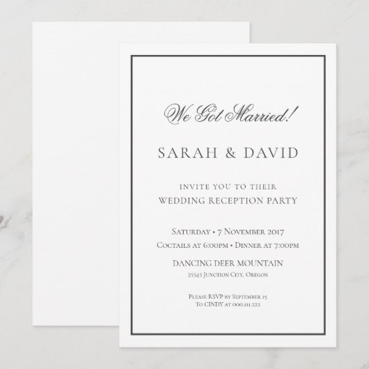 Classic Black and White Wedding Reception Party Kaart (Voorkant / Achterkant)