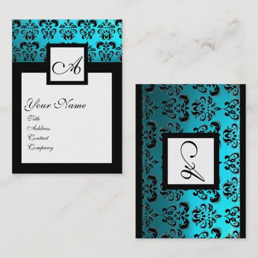 CLASSIC BLACK AQUA BLUE DAMASK SQUARE MONOGRAM VISITEKAARTJE (Voorkant / Achterkant)