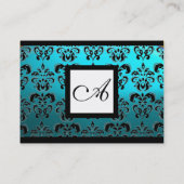 CLASSIC BLACK AQUA BLUE DAMASK SQUARE MONOGRAM VISITEKAARTJE (Achterkant)