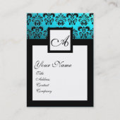 CLASSIC BLACK AQUA BLUE DAMASK SQUARE MONOGRAM VISITEKAARTJE (Voorkant)