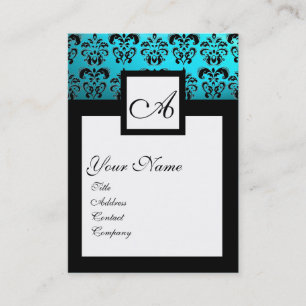 CLASSIC BLACK AQUA BLUE DAMASK SQUARE MONOGRAM VISITEKAARTJE