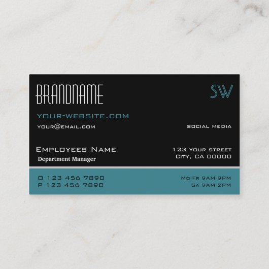 Classic Black Blauwgroen en White Simple met Monog Visitekaartje (Achterkant)