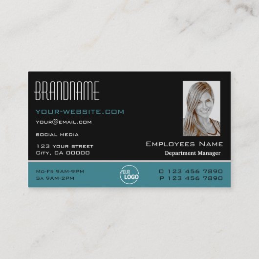 Classic Black Blauwgroen White Simple Logo en foto Visitekaartje (Achterkant)