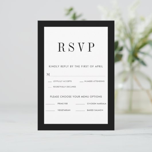 Classic Black Border RSVP-kaart met menukeuzes RSVP Kaartje (Staand voorkant)