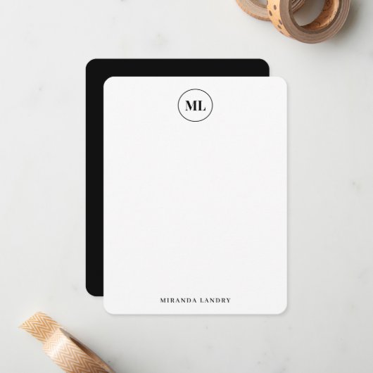Classic Black Circle Monogram Initiaal Naam Notitiekaartje (Voorkant / Achterkant in situ)