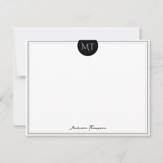 Classic Black Cirkel Border Monogram Notitiekaartje (Voorkant)