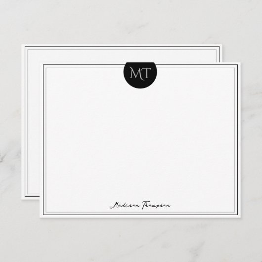 Classic Black Cirkel Border Monogram Notitiekaartje (Voorkant / Achterkant)