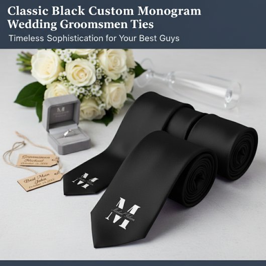 Classic Black | Custom Monogram Wedding Groomsmen Stropdas