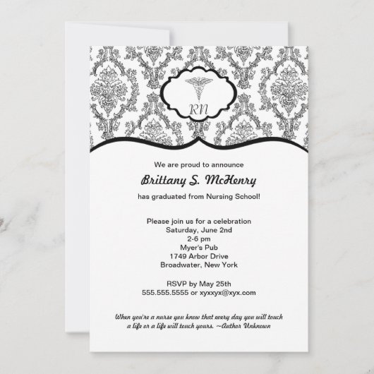 Classic Black Damask Nurse afstuderen RN BSN Kaart (Voorkant)