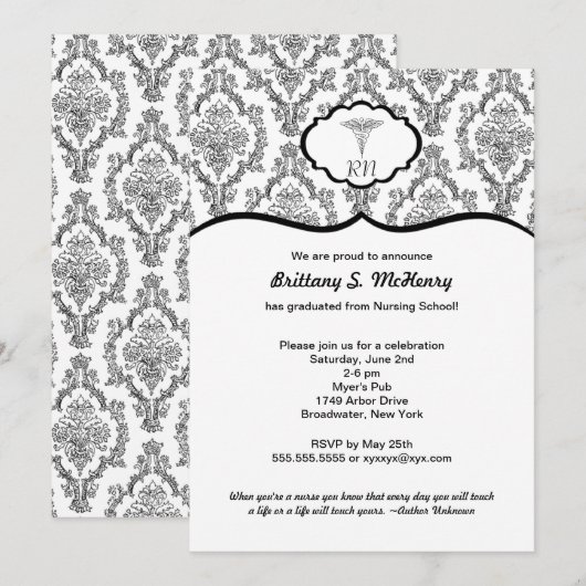 Classic Black Damask Nurse afstuderen RN BSN Kaart (Voorkant / Achterkant)