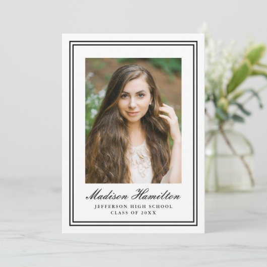 Classic Black Double Border Photo Graduation Aankondiging (Staand voorkant)