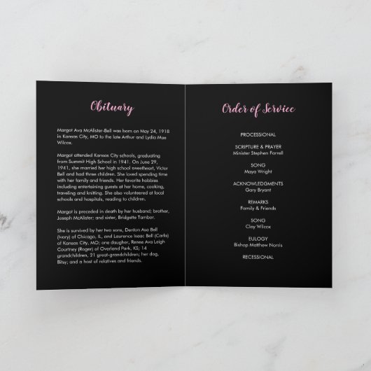 Classic Black en Pink Funeral Programme Kaart (Binnen)
