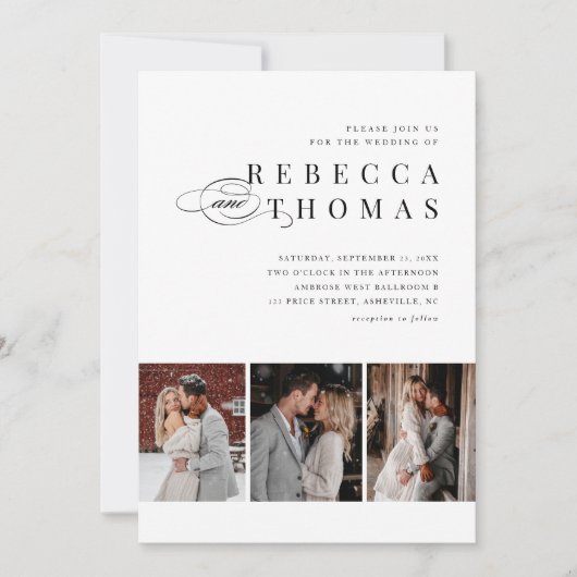 Classic Black en White 3 Photo Wedding Kaart (Voorkant)