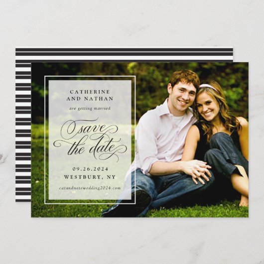 Classic Black en White Elegant Script Wedding Save The Date (Voorkant / Achterkant)
