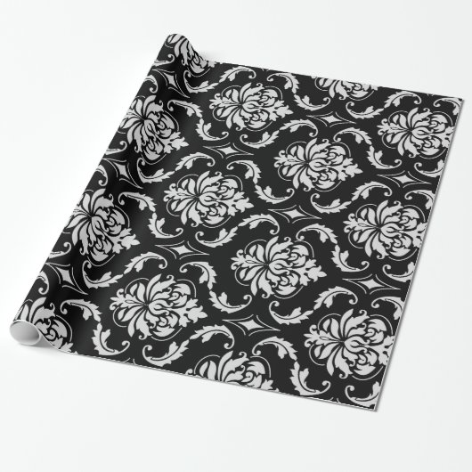 Classic Black en White Floral Damask Pattern Cadeaupapier (Uitgerold)