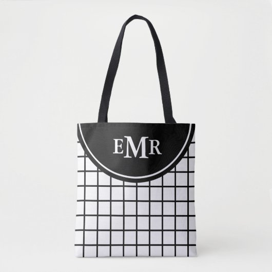 Classic Black en White Lattice Stripe Monogram Tote Bag (Voorkant)