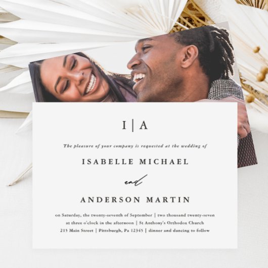 Classic Black en White Monogram Foto Weddenschap Kaart