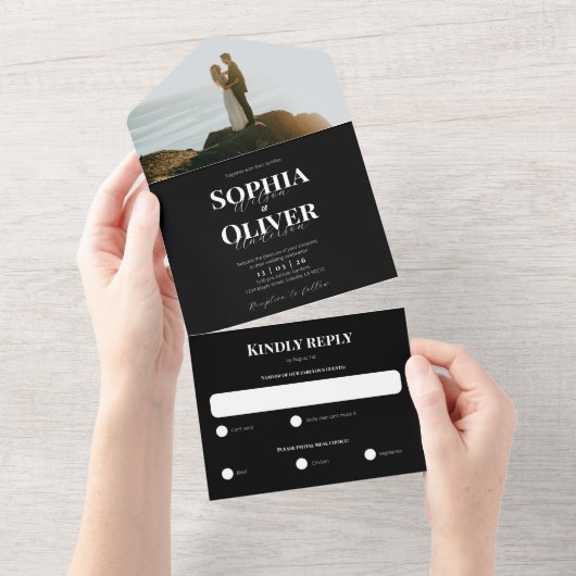 Classic Black en White Photo Wedding All In One Uitnodiging (Afscheurbaar)