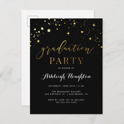 Classic Black & Gold Confetti Afstudeerfeest Uitnodiging Briefkaart (Voorkant / Achterkant)