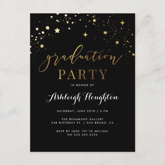 Classic Black & Gold Confetti Afstudeerfeest Uitnodiging Briefkaart (Voorkant)