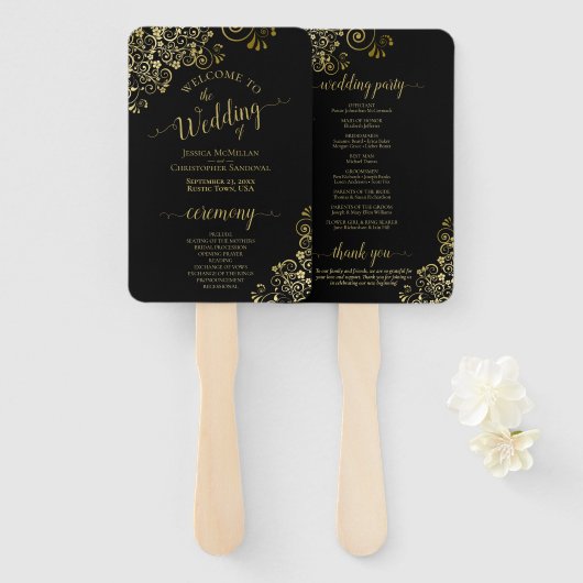 Classic Black & Gold Lace Elegant Wedding Program Handwaaier (Voorkant en achterkant)
