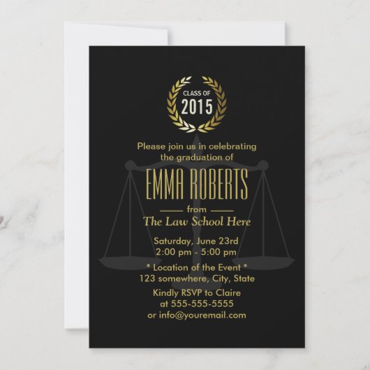 Classic Black & Gold Law School Afstuderen Kaart (Voorkant)