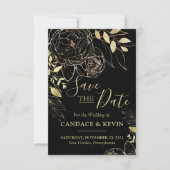 Classic Black & Gold Peony Modern Floral Wedding Save The Date (Voorkant)