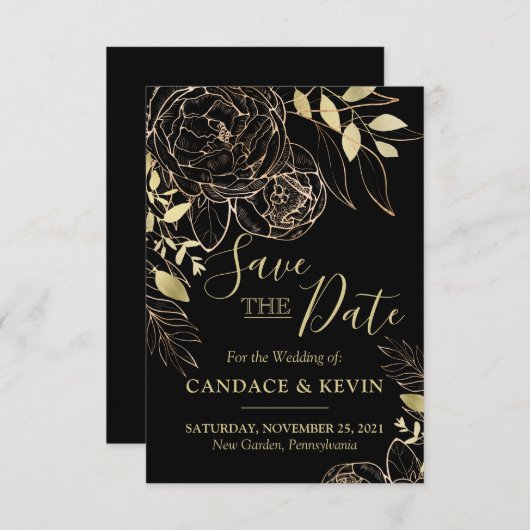 Classic Black & Gold Peony Modern Floral Wedding Save The Date (Voorkant / Achterkant)