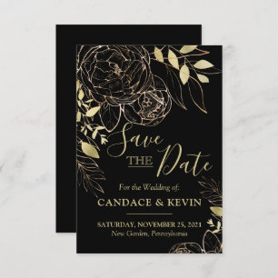 Classic Black & Gold Peony Modern Floral Wedding Save The Date