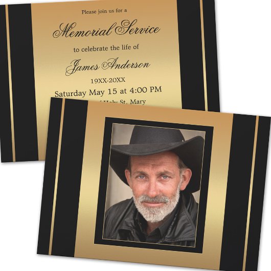 Classic Black Gold Photo Funeral Memorial Service Kaart