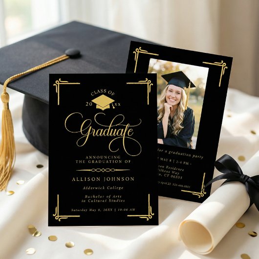 Classic Black Gold Photo Graduation Kaart