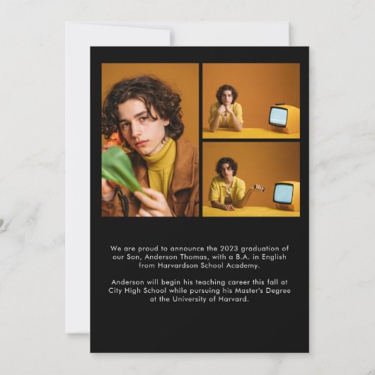 Classic Black Gold Script Photo Collage Afstuderen Aankondiging (Achterkant)