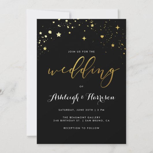 Classic Black & Gold Star Confetti Wedding Kaart (Voorkant)