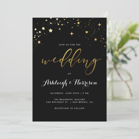Classic Black & Gold Star Confetti Wedding Kaart (Staand voorkant)