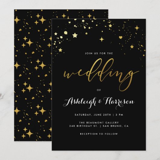 Classic Black & Gold Star Confetti Wedding Kaart (Voorkant / Achterkant)