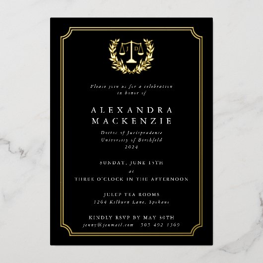 Classic Black JD Law School Graduparty Folie Uitnodiging (Voorkant)