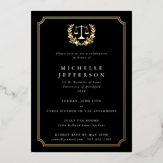Classic Black Law School Graduparty Folie Uitnodiging (Voorkant)