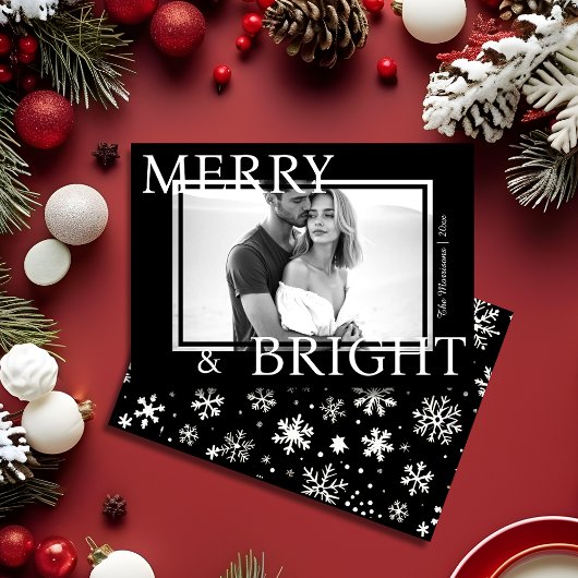 Classic Black Merry & Bright Bold Snowflake Photo Feestdagenkaart