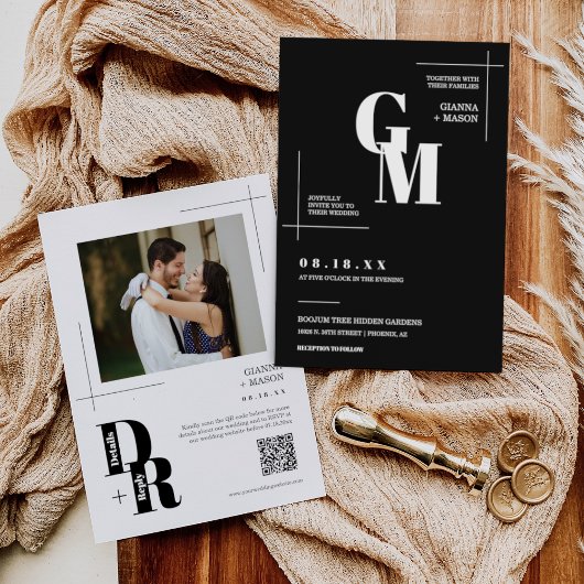 Classic Black Modern Minimal Wedding QR Code Foto Kaart